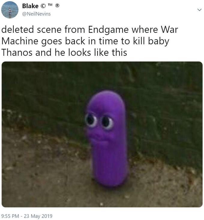 Tweet from @NeilNevins dated May 23, 2019 showing a cropped screenshot of the Numberjacks character One near a brick wall, captioned as a deleted Endgame scene of War Machine finding baby Thanos